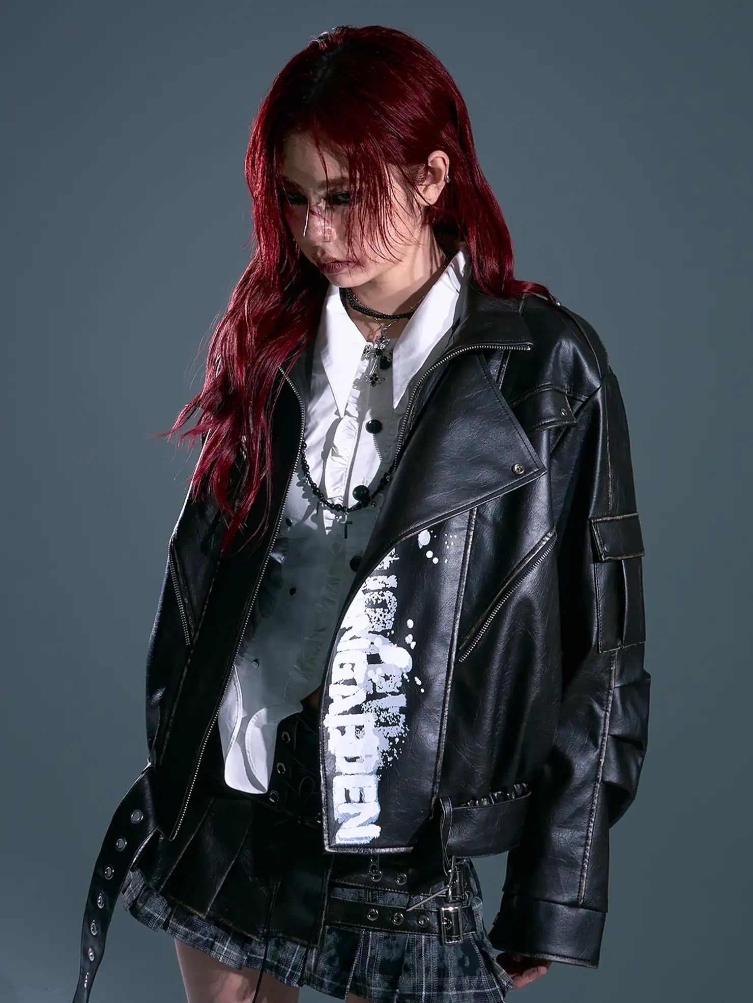 Frustration Garden Vintage Distressed Print Loose Fit Leather Jacket