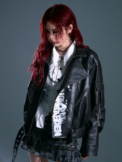 Frustration Garden Vintage Distressed Print Loose Fit Leather Jacket