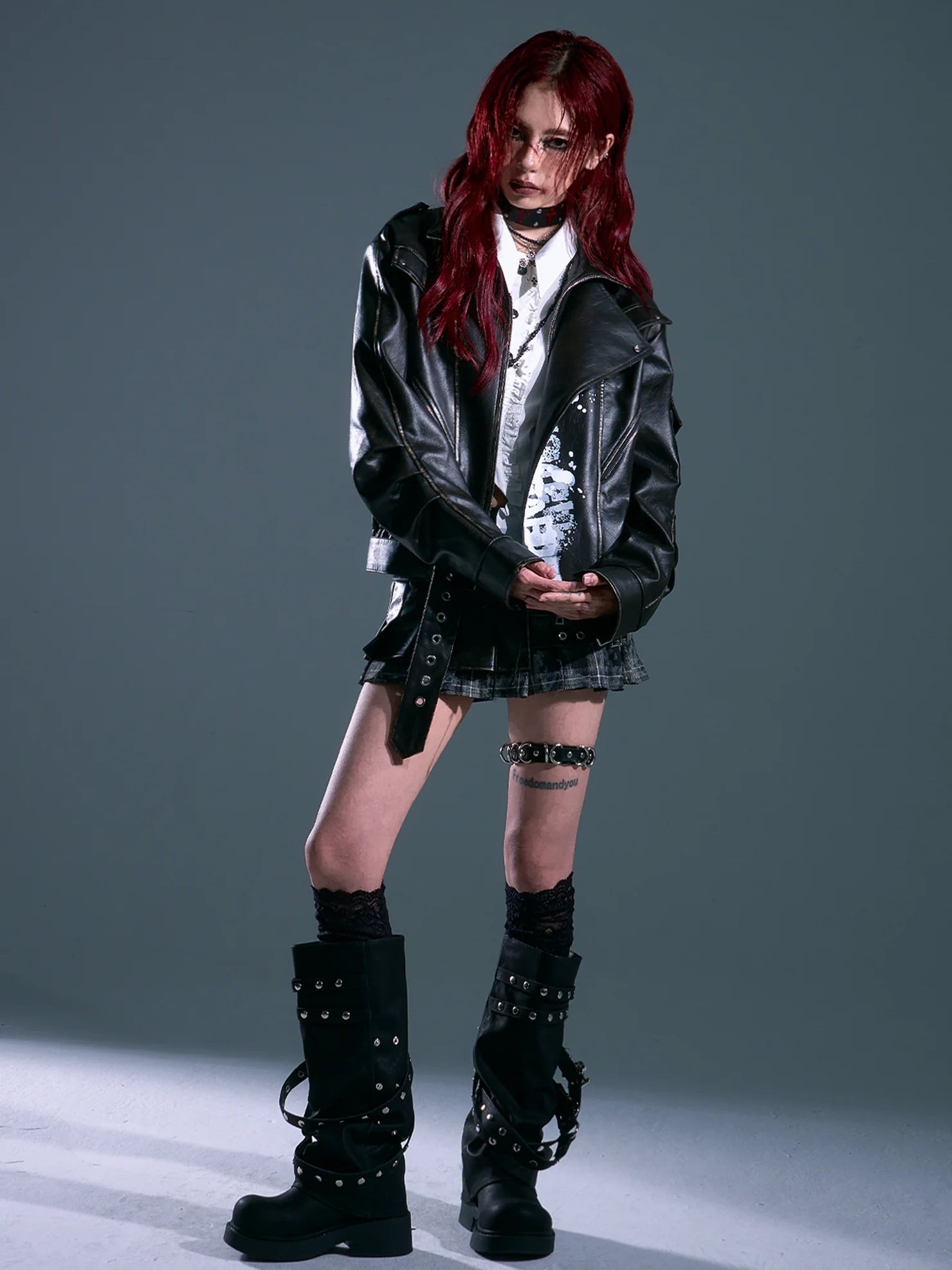 Frustration Garden Vintage Distressed Print Loose Fit Leather Jacket