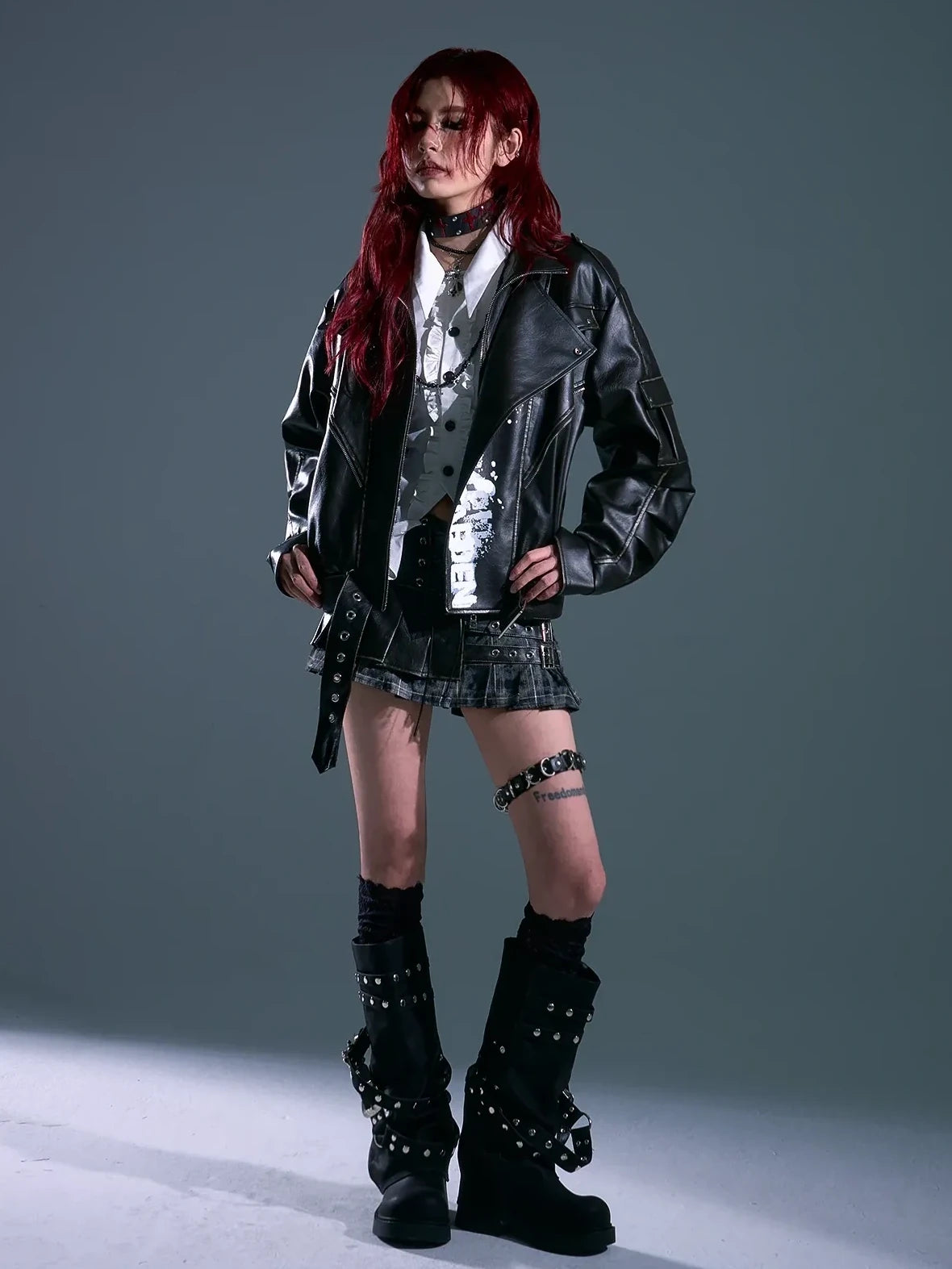 Frustration Garden Vintage Distressed Print Loose Fit Leather Jacket