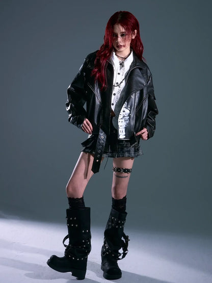 Frustration Garden Vintage Distressed Print Loose Fit Leather Jacket