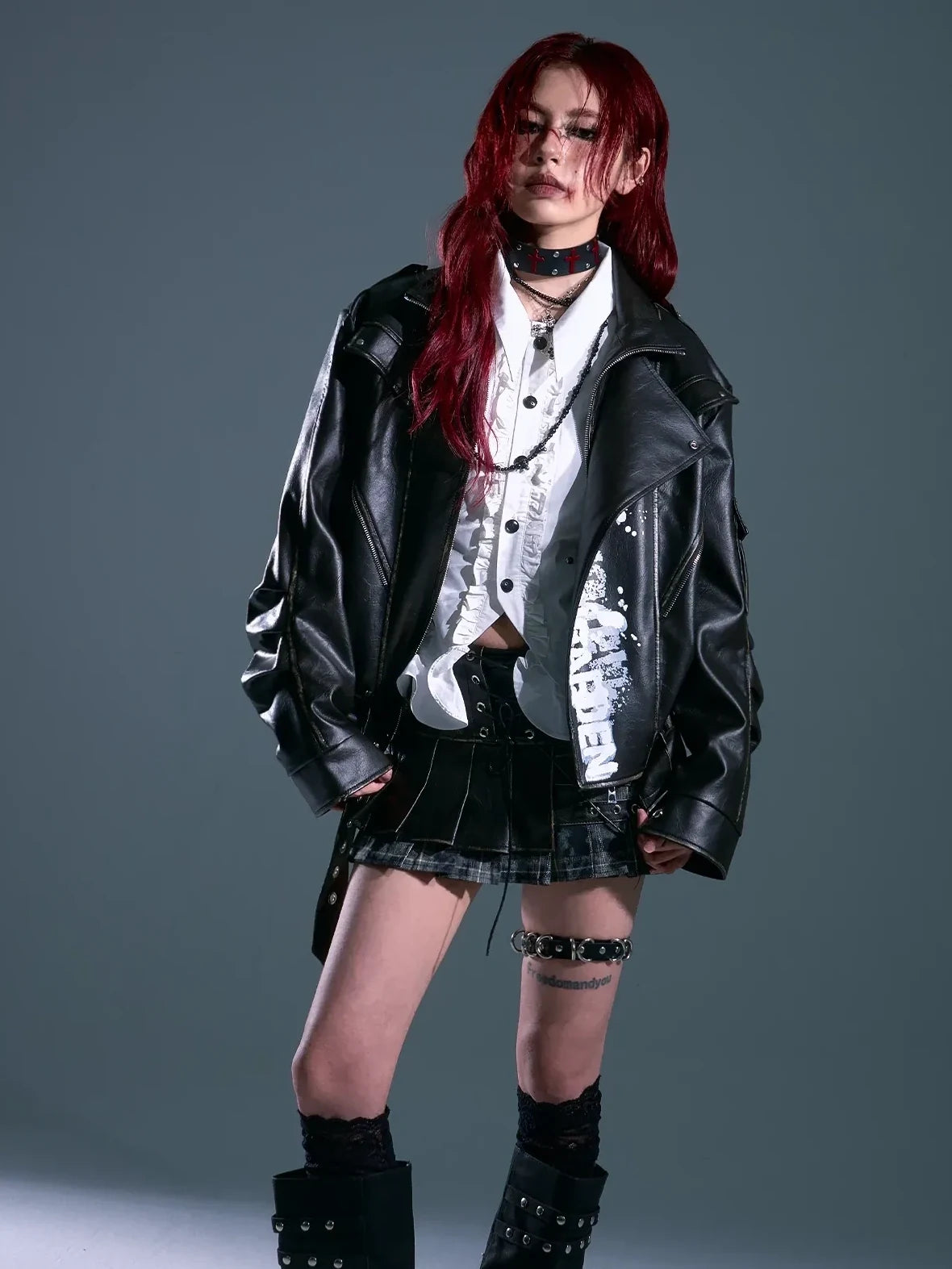 Frustration Garden Vintage Distressed Print Loose Fit Leather Jacket