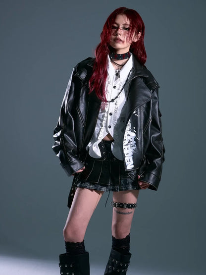 Frustration Garden Vintage Distressed Print Loose Fit Leather Jacket