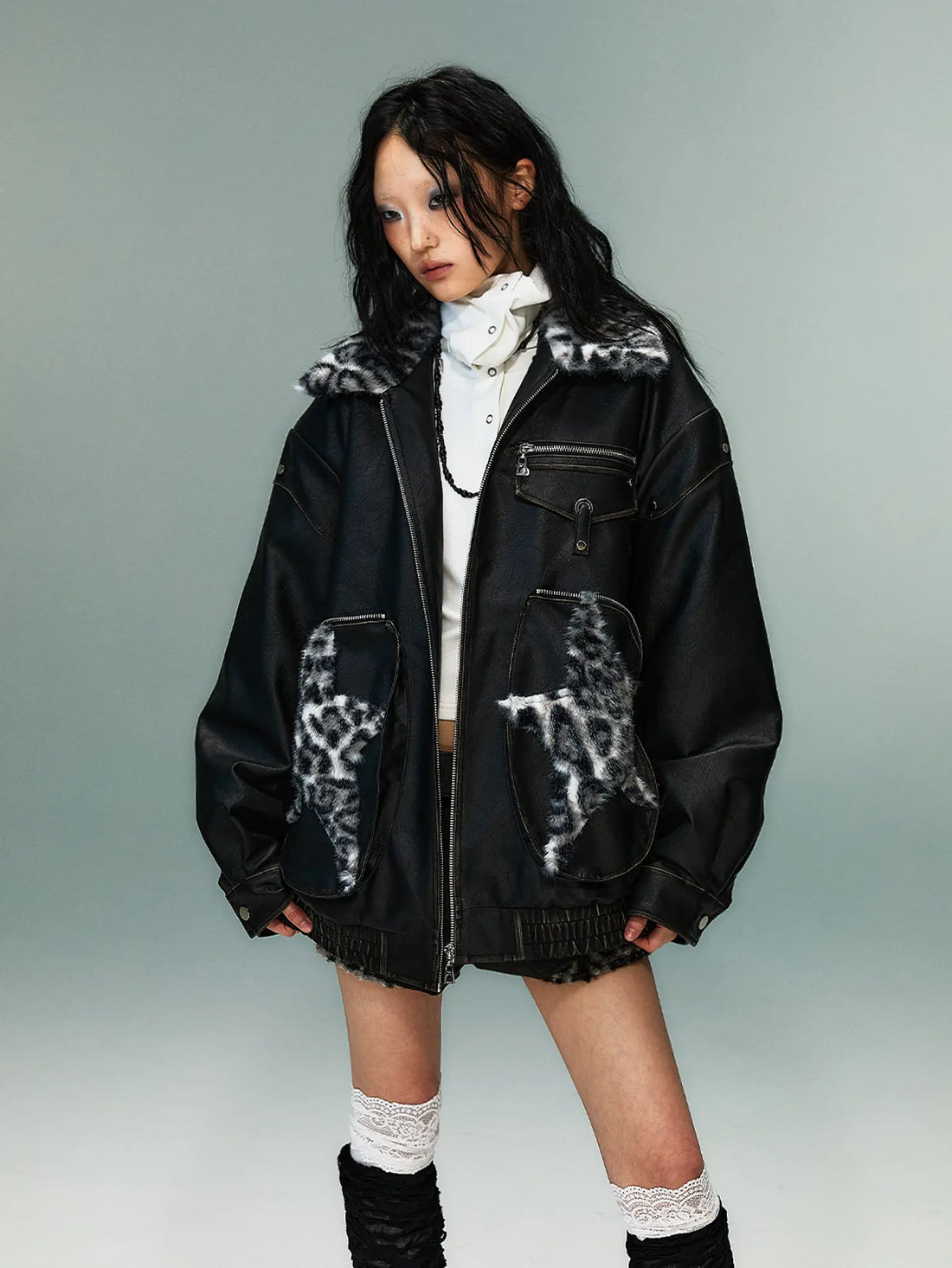 Frustration Garden Vintage Faded Star Leopard Print Pu Jacket