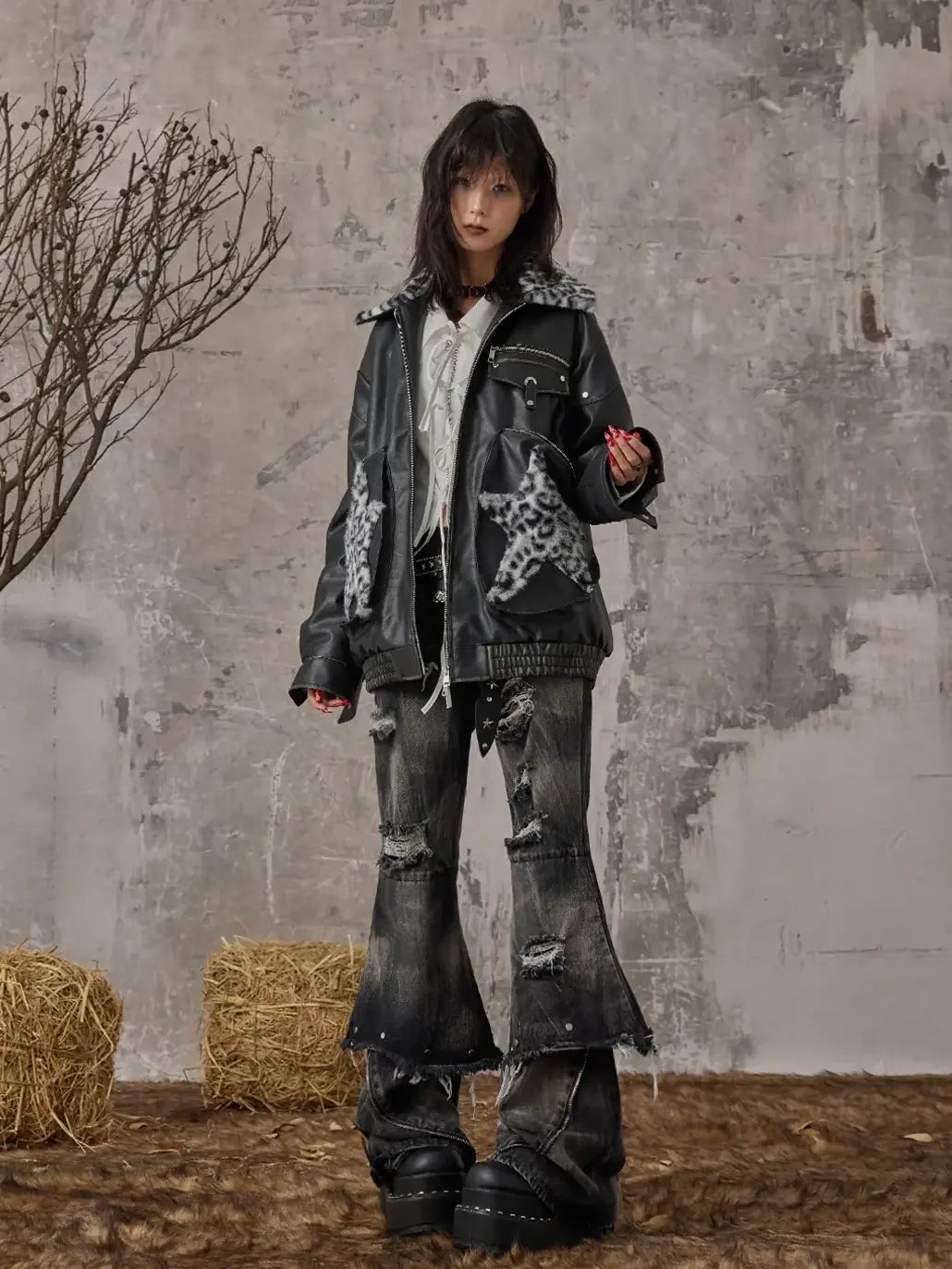 Frustration Garden Vintage Faded Star Leopard Print Pu Jacket