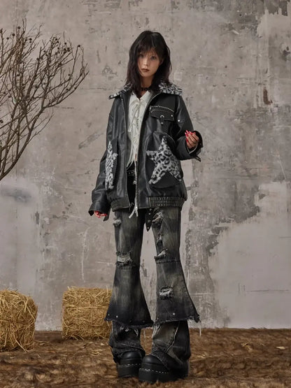 Frustration Garden Vintage Faded Star Leopard Print Pu Jacket