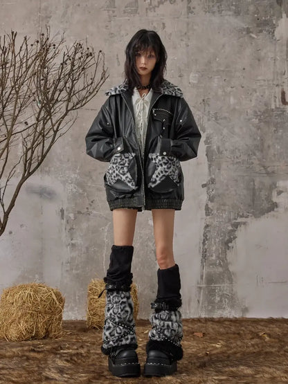 Frustration Garden Vintage Faded Star Leopard Print Pu Jacket