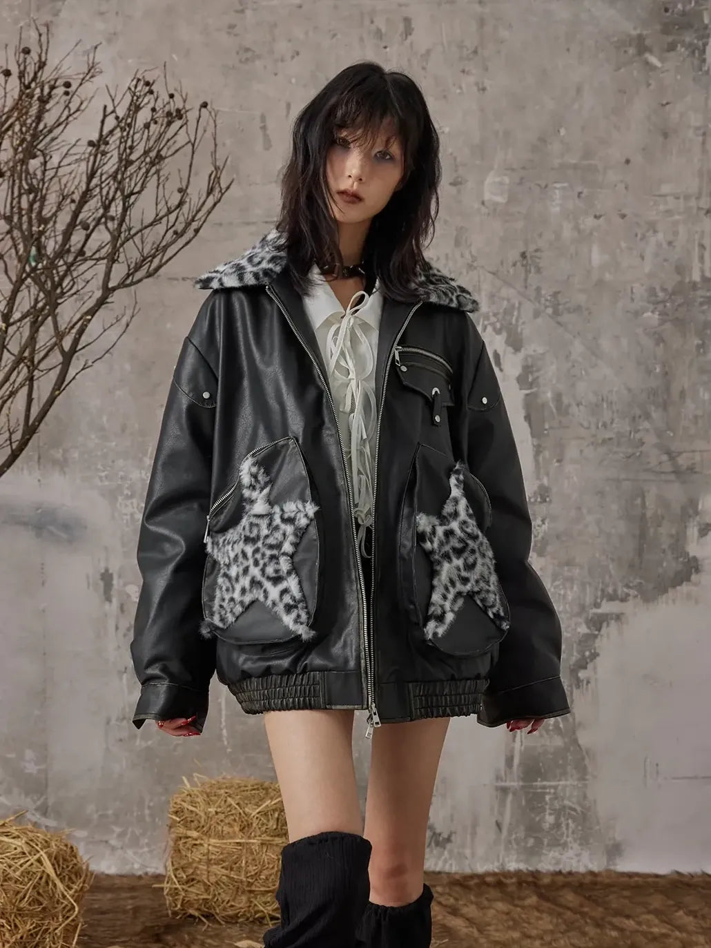 Frustration Garden Vintage Faded Star Leopard Print Pu Jacket