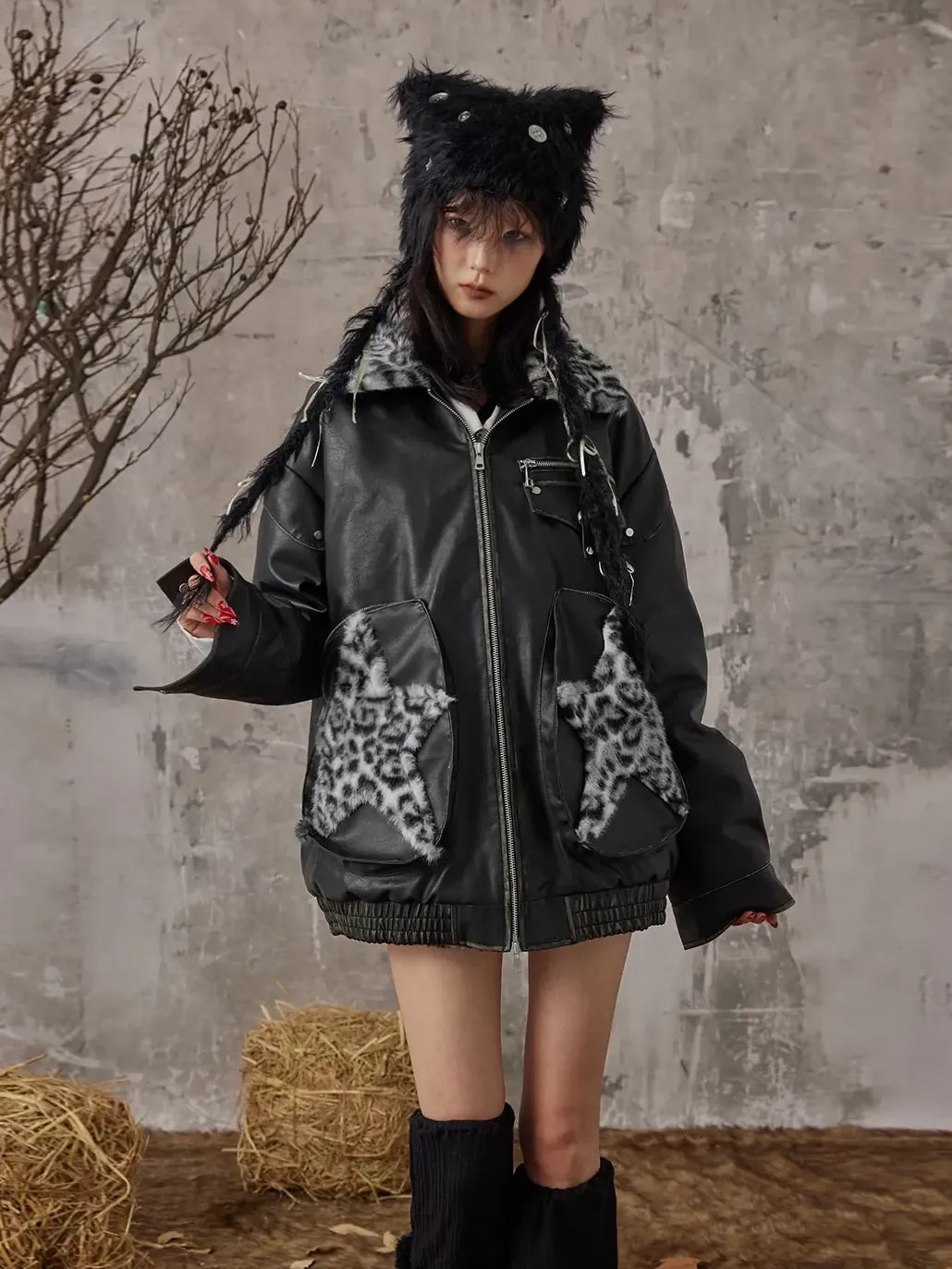 Frustration Garden Vintage Faded Star Leopard Print Pu Jacket