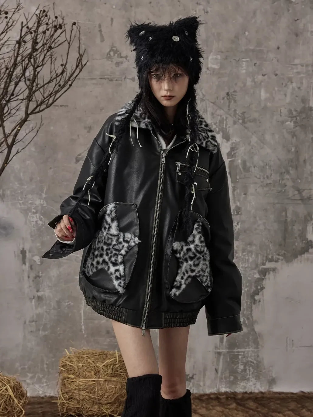 Frustration Garden Vintage Faded Star Leopard Print Pu Jacket