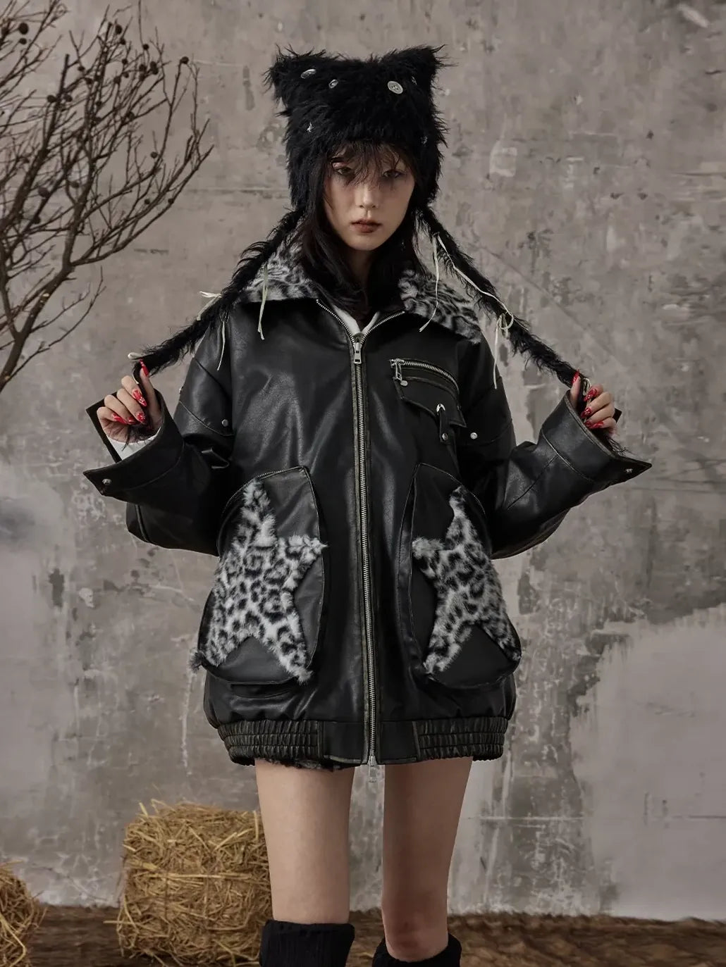 Frustration Garden Vintage Faded Star Leopard Print Pu Jacket