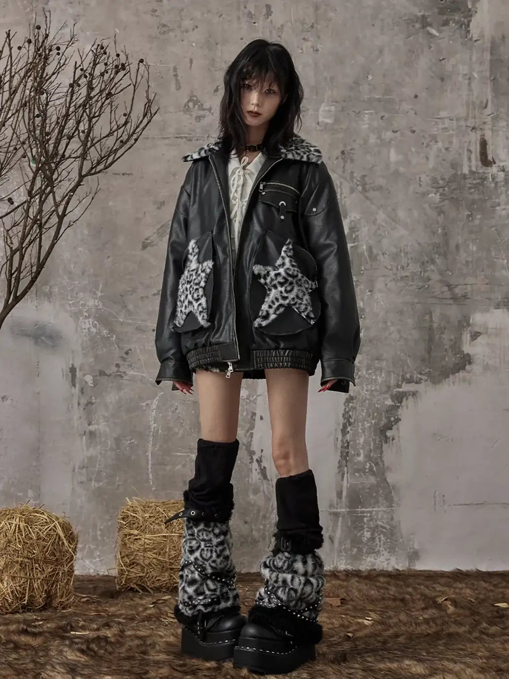 Frustration Garden Vintage Faded Star Leopard Print Pu Jacket