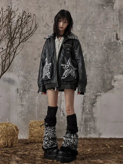 Frustration Garden Vintage Faded Star Leopard Print Pu Jacket