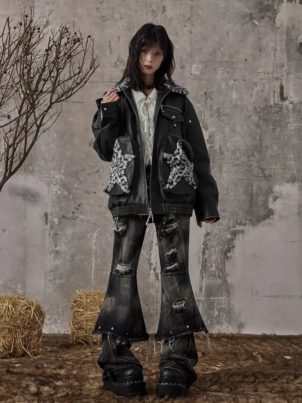 Frustration Garden Vintage Faded Star Leopard Print Pu Jacket