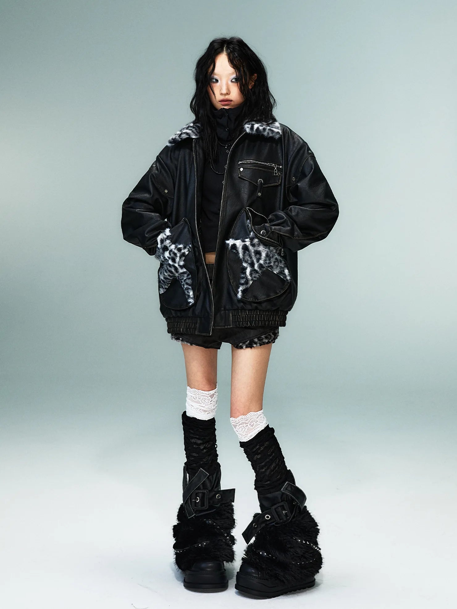 Frustration Garden Vintage Faded Star Leopard Print Pu Jacket