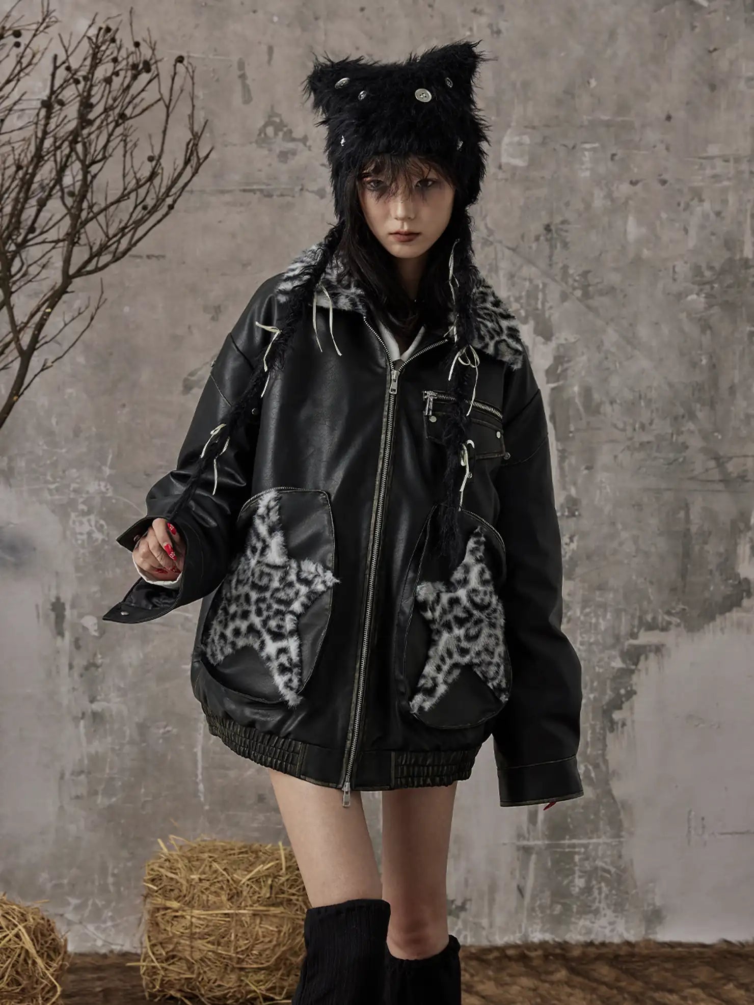 Frustration Garden Vintage Faded Star Leopard Print Pu Jacket