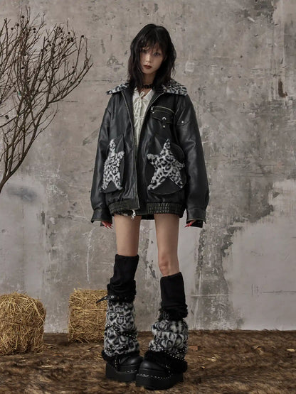 Frustration Garden Vintage Faded Star Leopard Print Pu Jacket