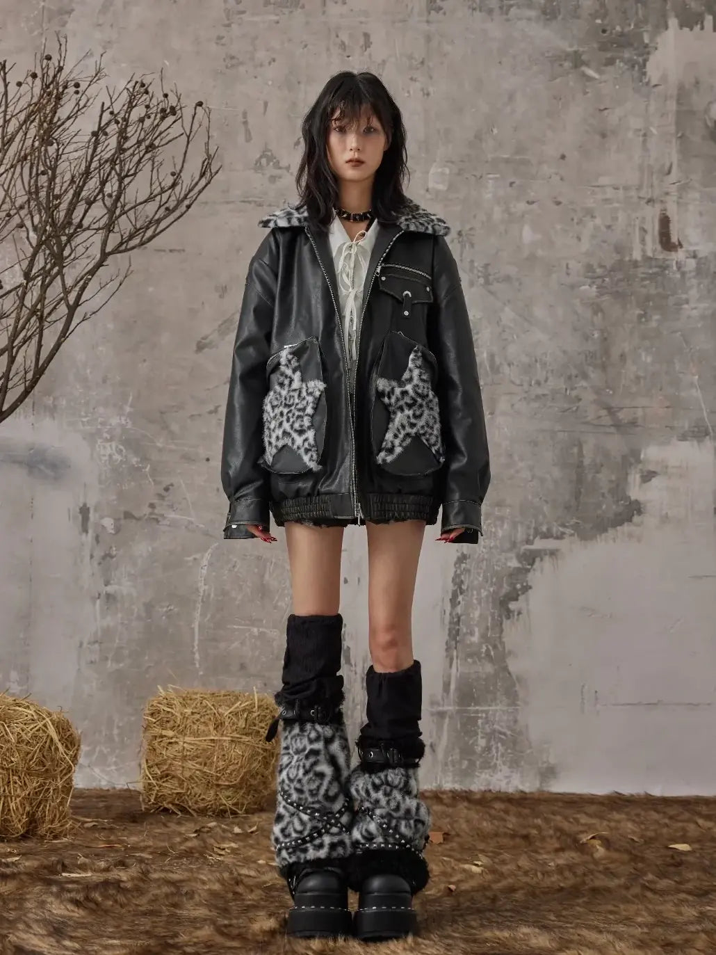 Frustration Garden Vintage Faded Star Leopard Print Pu Jacket