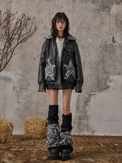 Frustration Garden Vintage Faded Star Leopard Print Pu Jacket