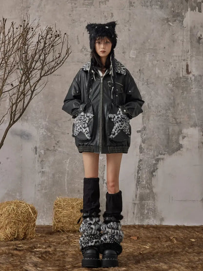 Frustration Garden Vintage Faded Star Leopard Print Pu Jacket