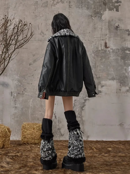 Frustration Garden Vintage Faded Star Leopard Print Pu Jacket