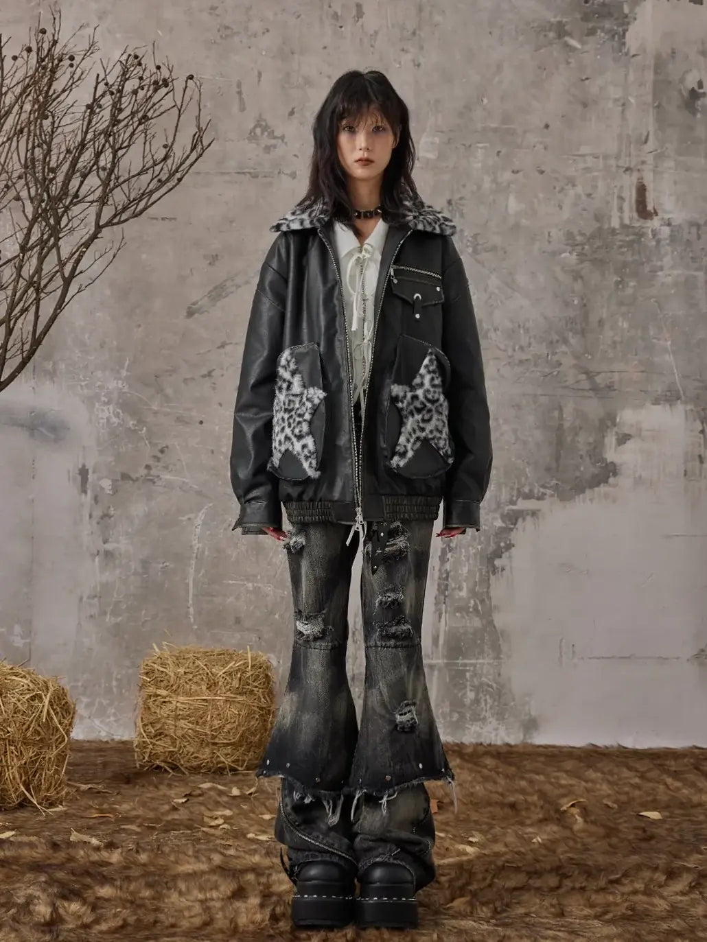 Frustration Garden Vintage Faded Star Leopard Print Pu Jacket