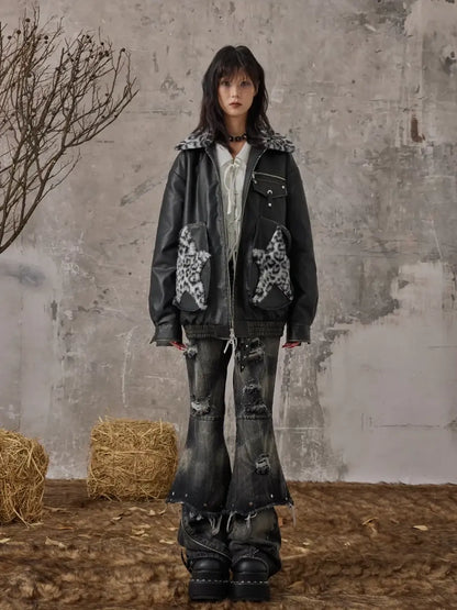 Frustration Garden Vintage Faded Star Leopard Print Pu Jacket