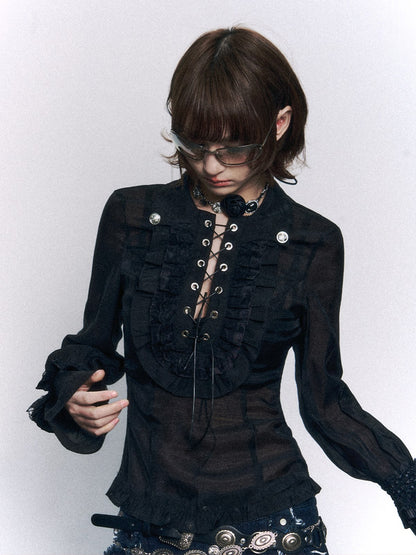 Frustration_Garden_Vintage_Lace_Ruffle_Tie_Slim_Fit_Court_Sleeve_Turn_Down_Collar_Women&