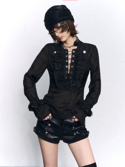 Frustration Garden Vintage Lace Ruffle Tie Slim Fit Court Sleeve Turn Down Collar Women&