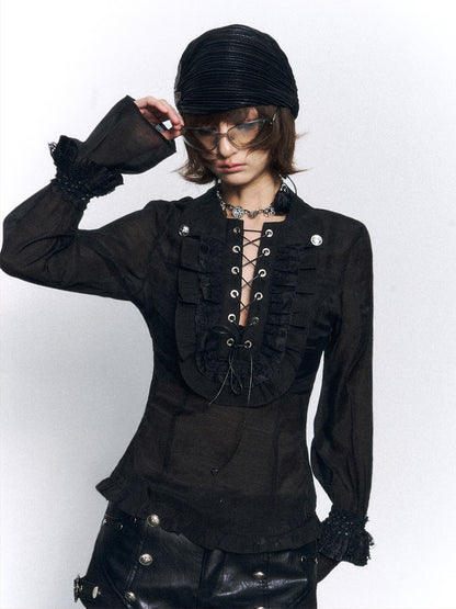 Frustration Garden Vintage Lace Ruffle Tie Slim Fit Court Sleeve Turn Down Collar Women&
