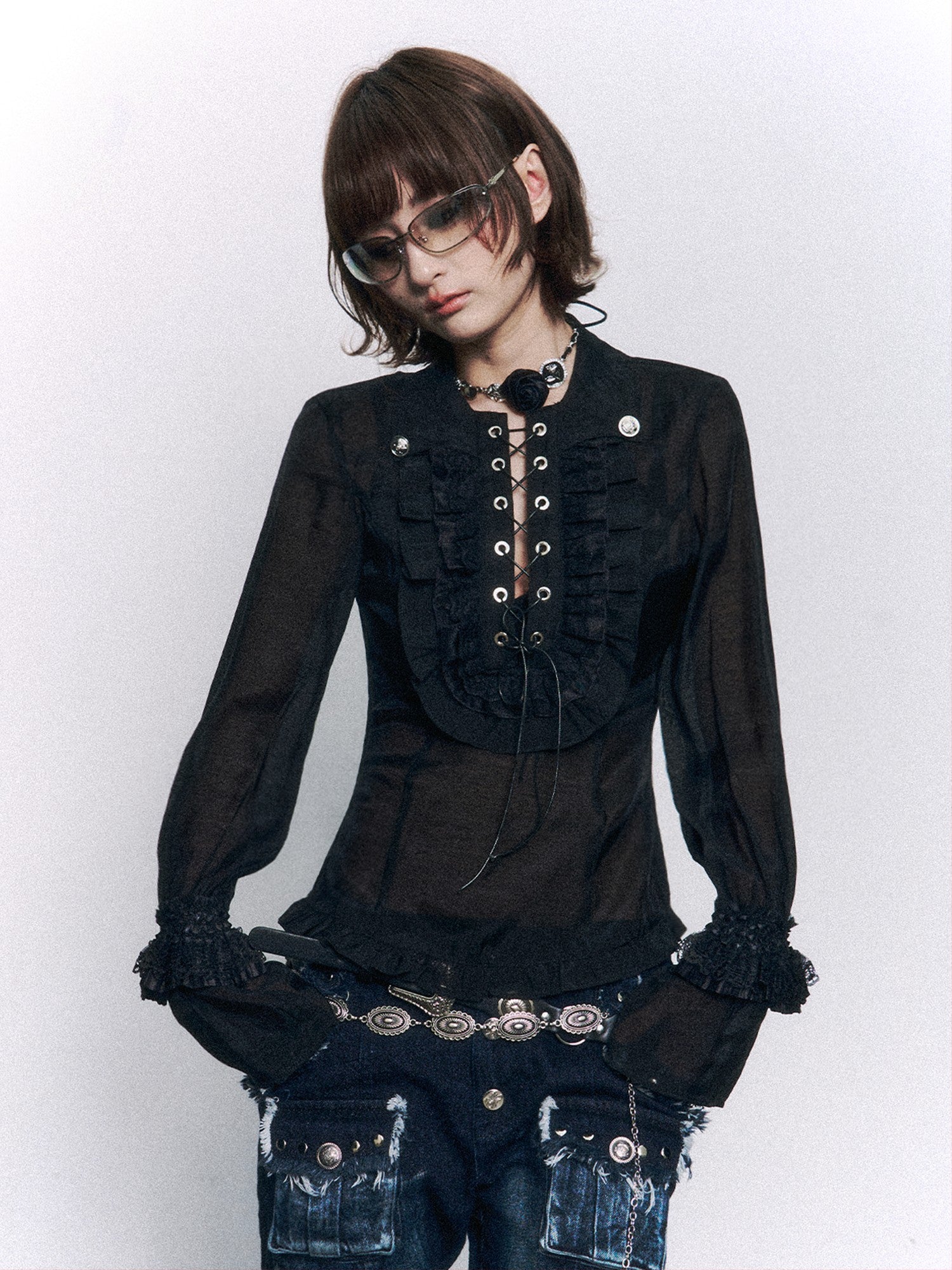 Frustration Garden Vintage Lace Ruffle Tie Slim Fit Court Sleeve Turn Down Collar Women&