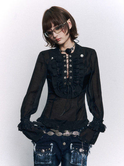 Frustration Garden Vintage Lace Ruffle Tie Slim Fit Court Sleeve Turn Down Collar Women&