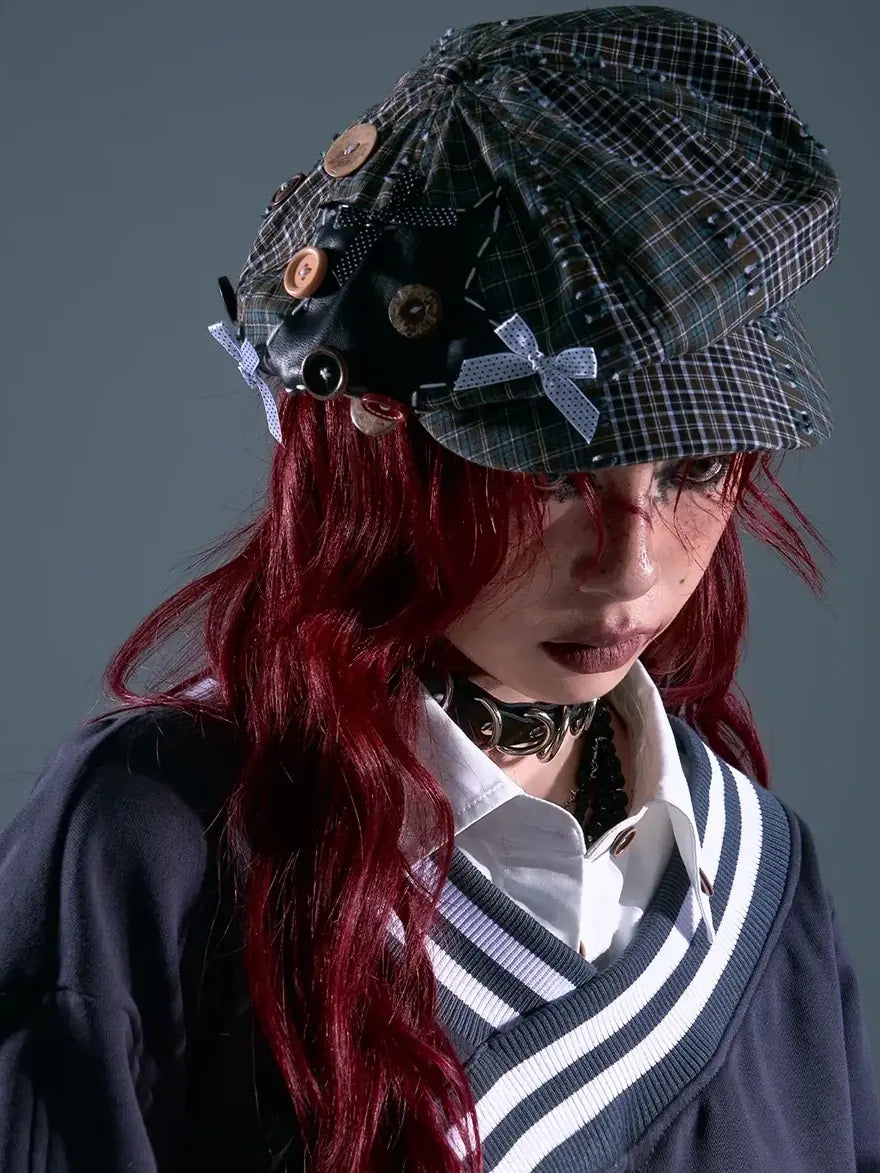 Frustration Garden Vintage Plaid Newsboy Cap With Star Embroidery