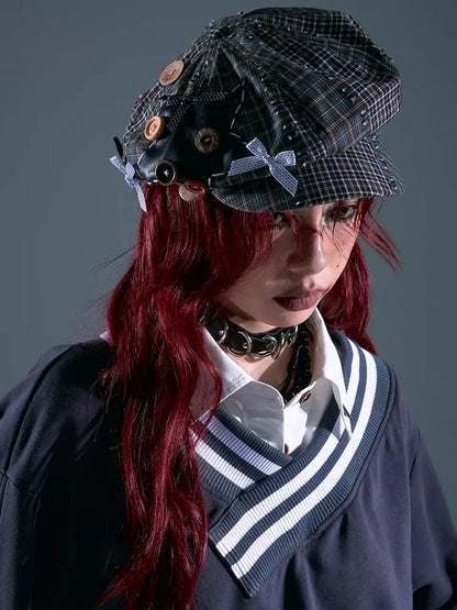 Frustration Garden Vintage Plaid Newsboy Cap With Star Embroidery