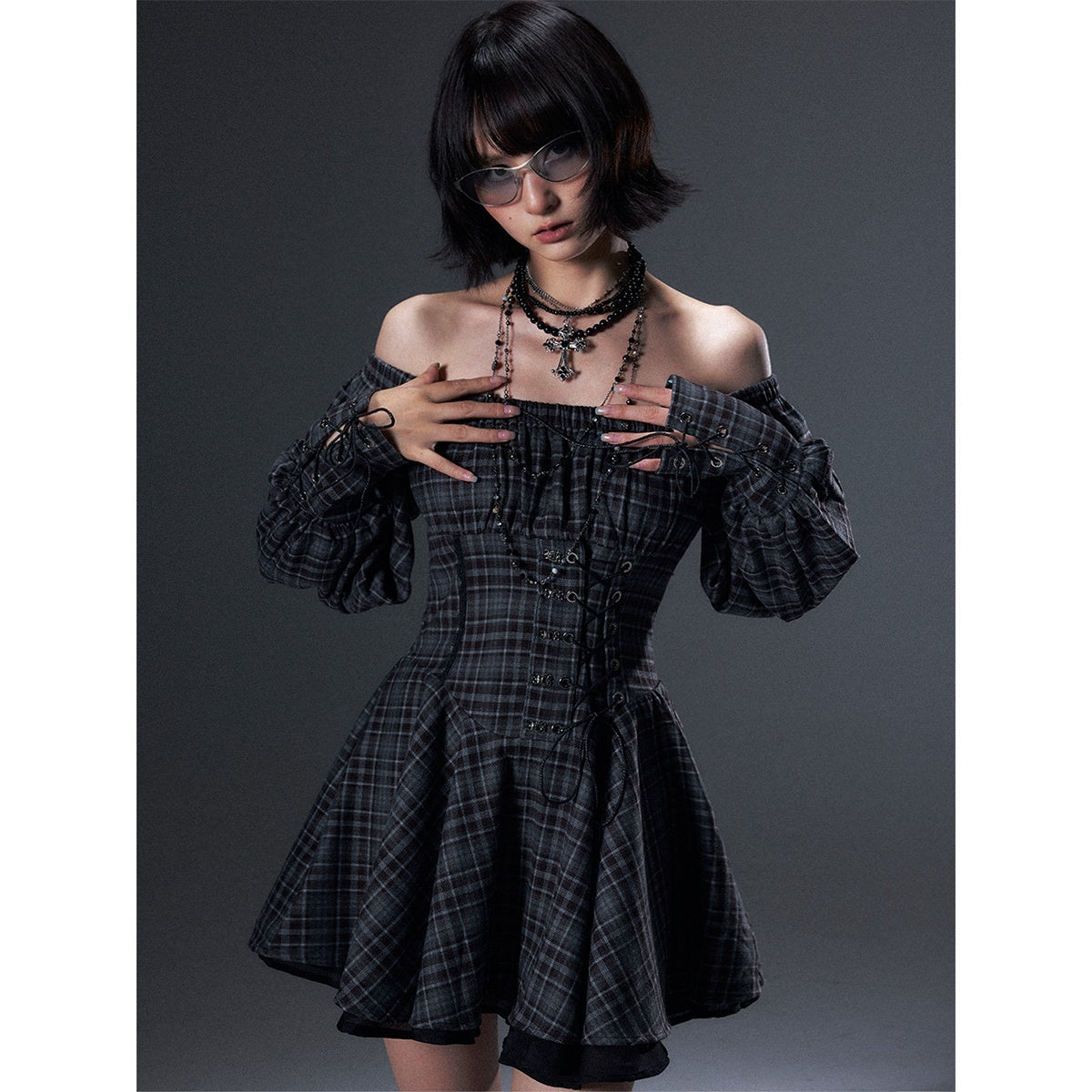 Frustration_Garden_Vintage_Plaid_Off_Shoulder_Tie_A_Line_Long_Sleeve_Women&