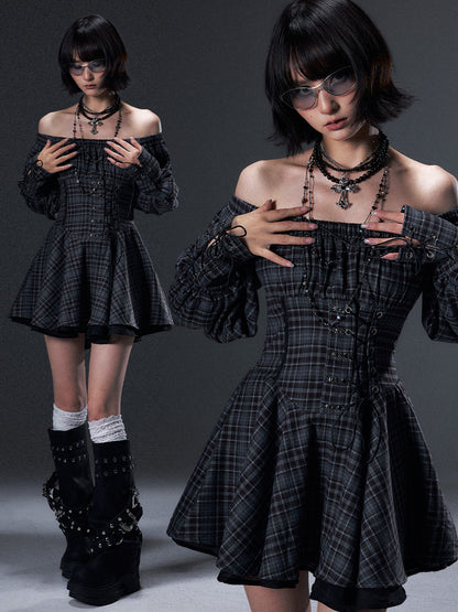 Frustration Garden Vintage Plaid Off Shoulder Tie A Line Long Sleeve Women&