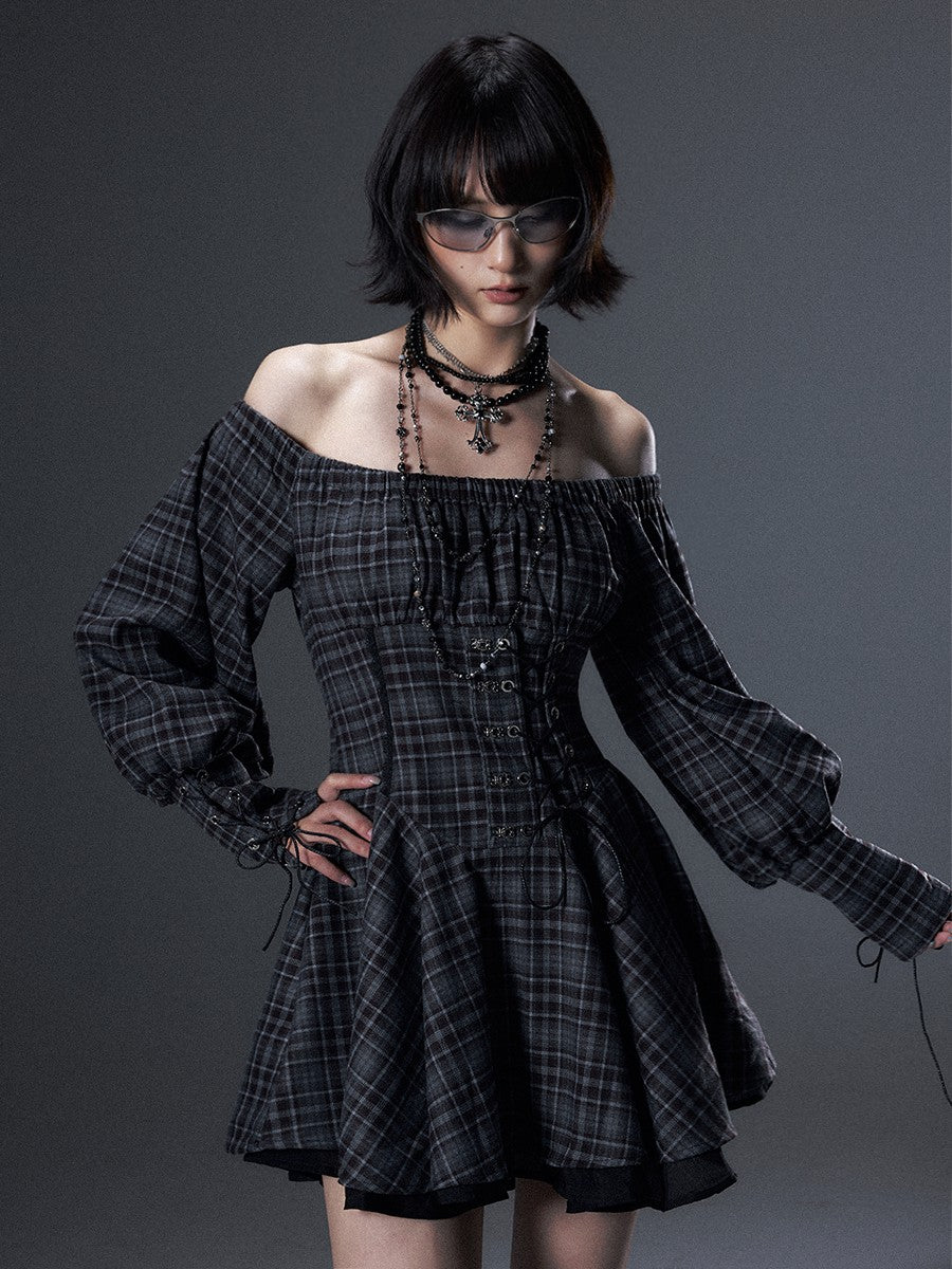 Frustration Garden Vintage Plaid Off Shoulder Tie A Line Long Sleeve Women&