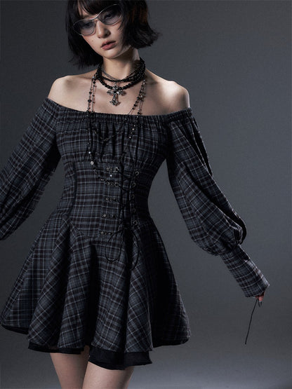 Frustration Garden Vintage Plaid Off Shoulder Tie A Line Long Sleeve Women&