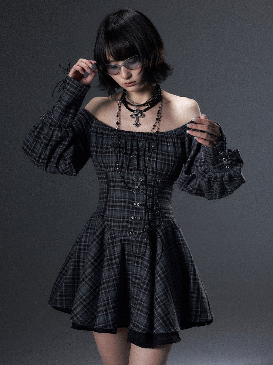 Frustration Garden Vintage Plaid Off Shoulder Tie A Line Long Sleeve Women&