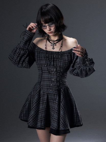 Frustration Garden Vintage Plaid Off Shoulder Tie A Line Long Sleeve Women&