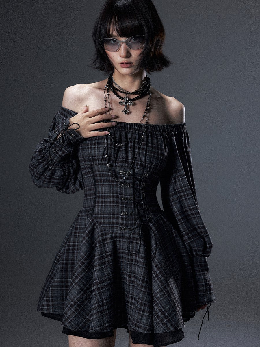 Frustration Garden Vintage Plaid Off Shoulder Tie A Line Long Sleeve Women&
