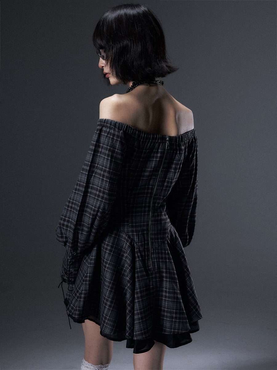 Frustration Garden Vintage Plaid Off Shoulder Tie A Line Long Sleeve Women&