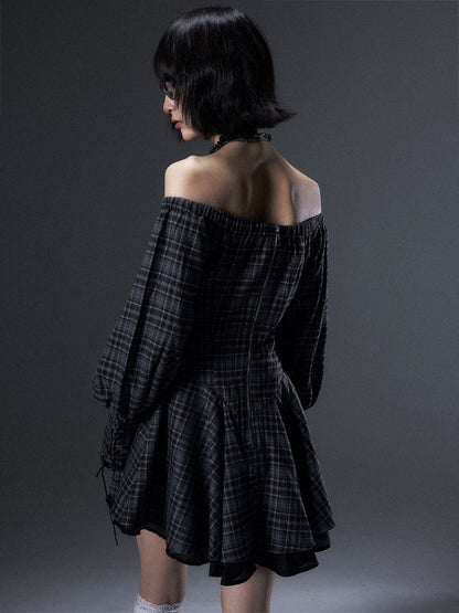 Frustration Garden Vintage Plaid Off Shoulder Tie A Line Long Sleeve Women&