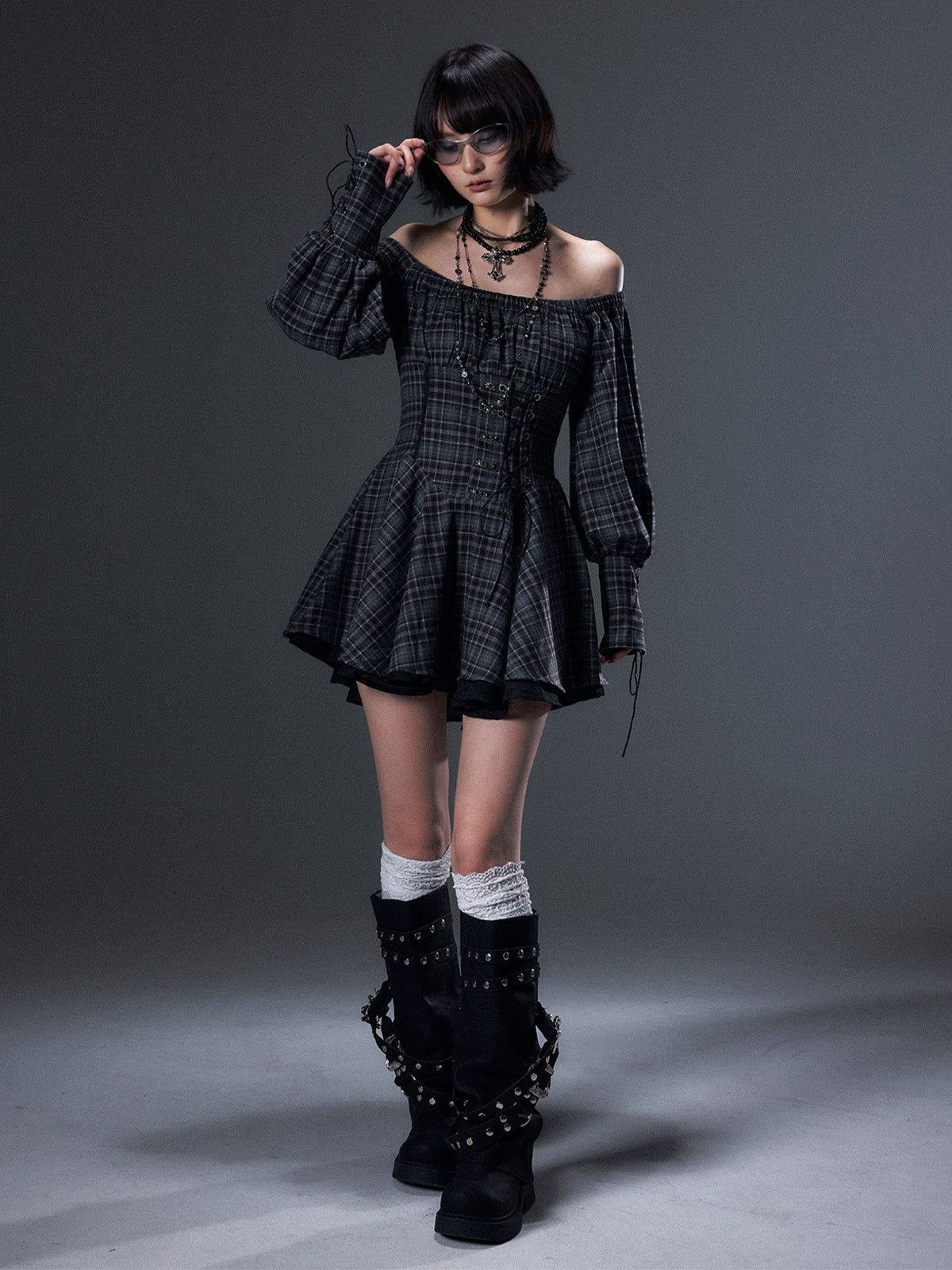 Frustration Garden Vintage Plaid Off Shoulder Tie A Line Long Sleeve Women&