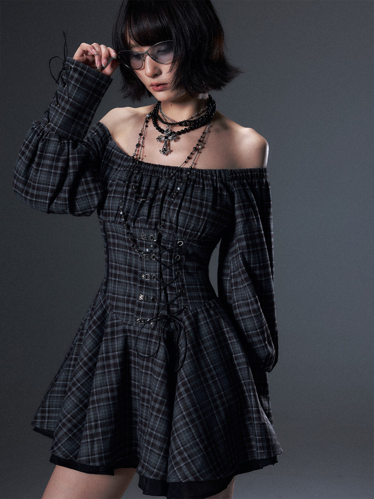 Frustration Garden Vintage Plaid Off Shoulder Tie A Line Long Sleeve Women&