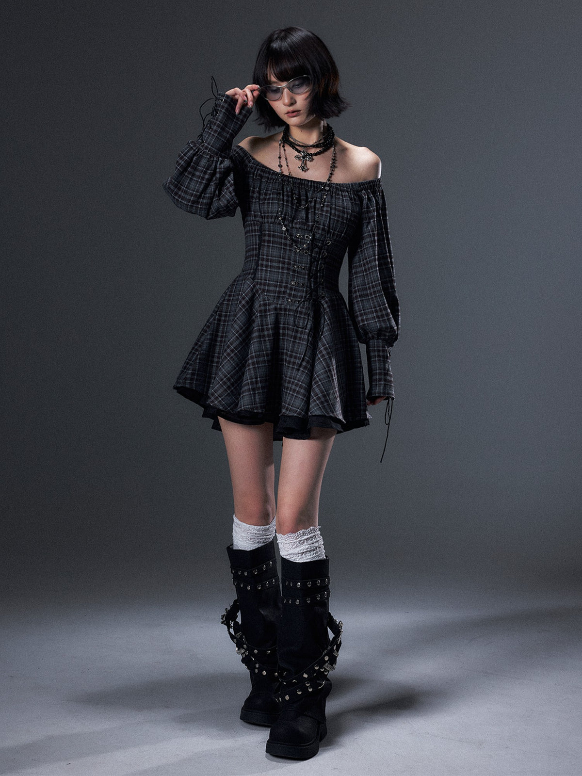 Frustration Garden Vintage Plaid Off Shoulder Tie A Line Long Sleeve Women&