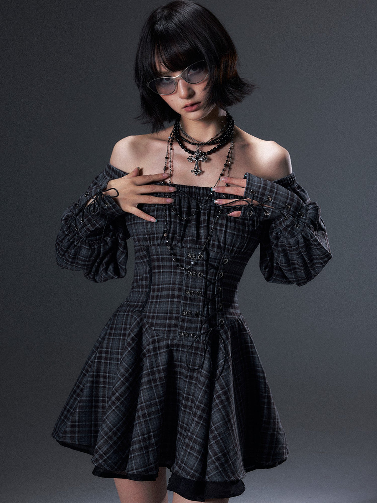 Frustration Garden Vintage Plaid Off Shoulder Tie A Line Long Sleeve Women&