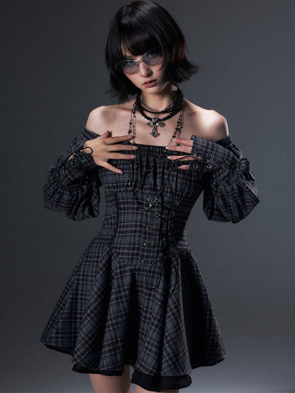 Frustration Garden Vintage Plaid Off Shoulder Tie A Line Long Sleeve Women&