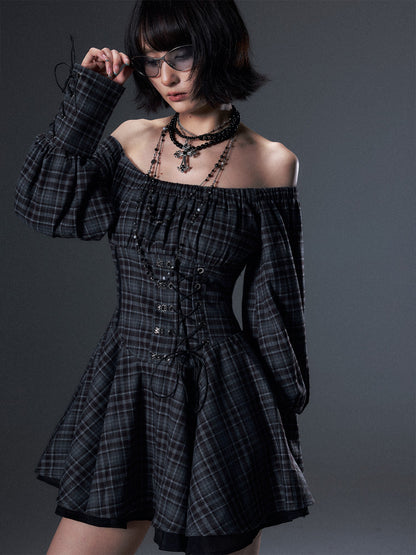 Frustration Garden Vintage Plaid Off Shoulder Tie A Line Long Sleeve Women&