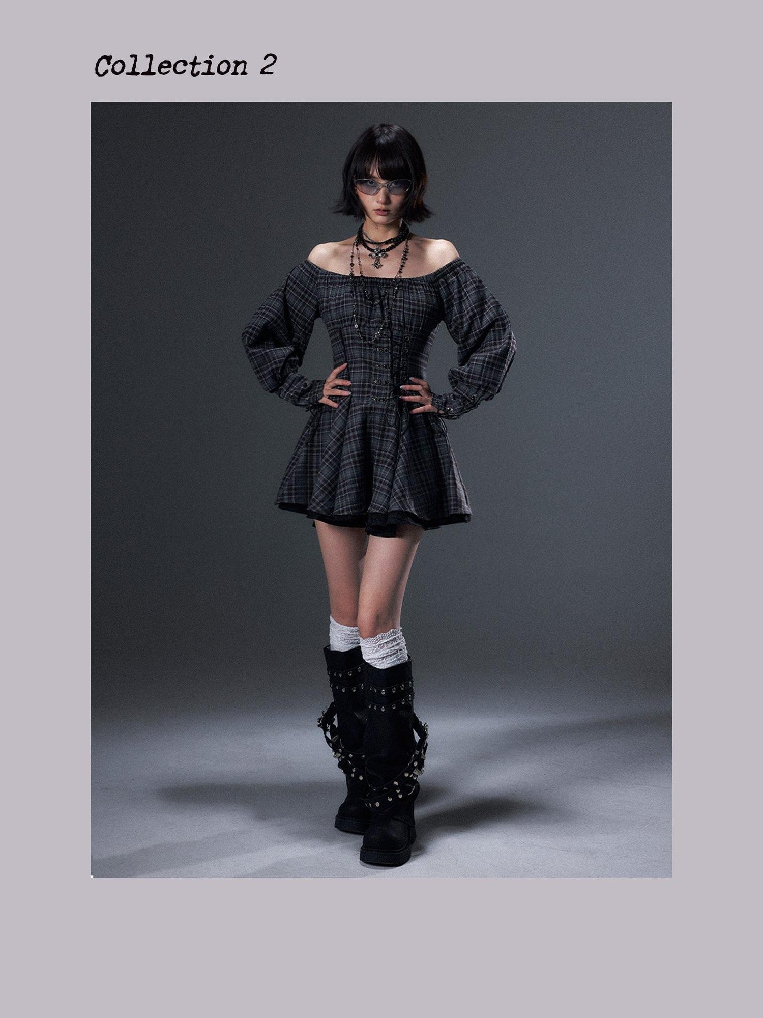 Frustration Garden Vintage Plaid Off Shoulder Tie A Line Long Sleeve Women&